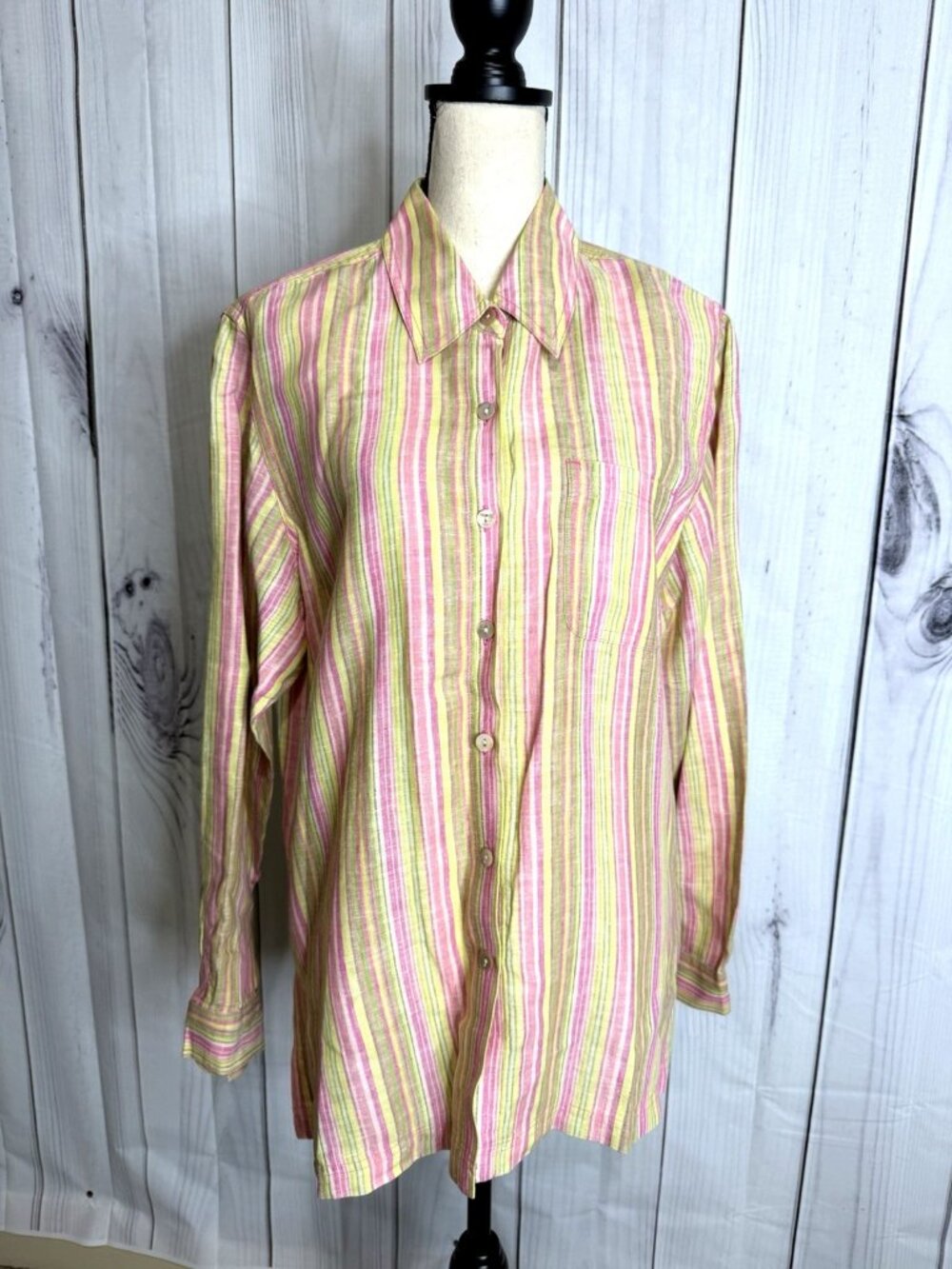 Sigrid Olsen 100% Linen Longline Button Down Tunic Shirt Sz L Pastel Lagenlook